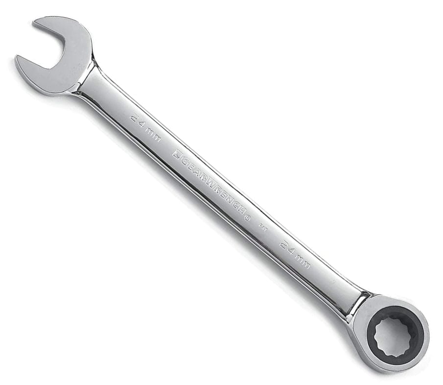 A large chrome 24mm ratcheting combination wrench, showing the full polish finish, the open end, and the 12-point ratcheting box end.