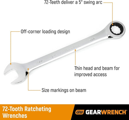A diagram of a chrome ratcheting wrench with callouts pointing to the 72-teeth for a 5-degree swing arc, off-corner loading design, thin head/beam, and size markings.