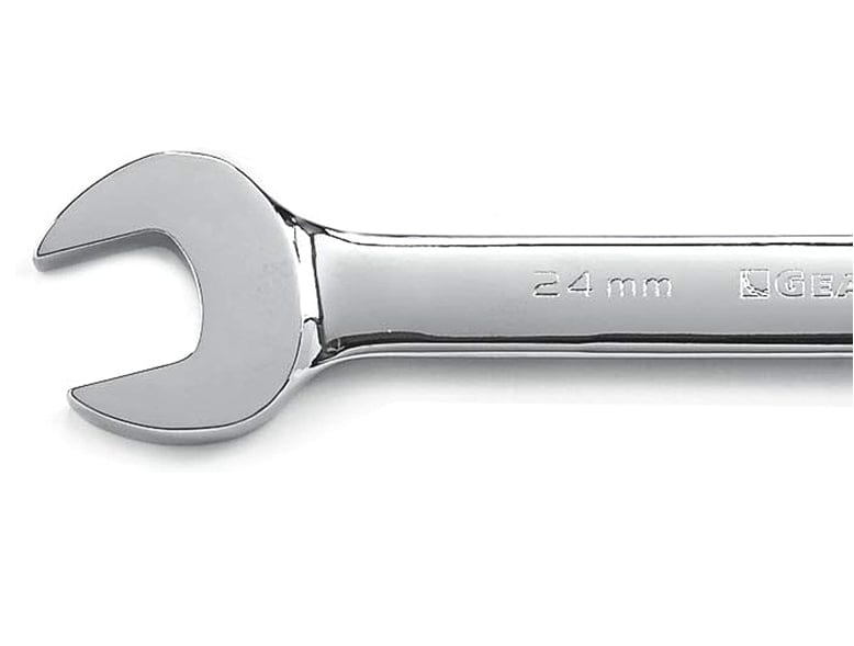 A close-up studio shot of the open end of a chrome 24mm combination wrench, highlighting the size marking and full polish finish.