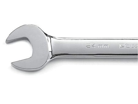 A close-up studio shot of the open end of a chrome 24mm combination wrench, highlighting the size marking and full polish finish.