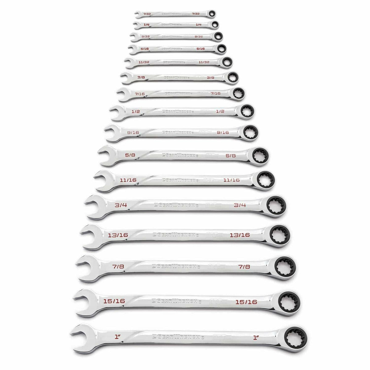 Set of 16 CRAFTSMAN combination wrenches arranged by size from 1" to 1/4". Each wrench features an open-end and ratcheting box-end, with red size markings and engraved branding. Ideal for mechanical tasks requiring precise wrench dimensions.