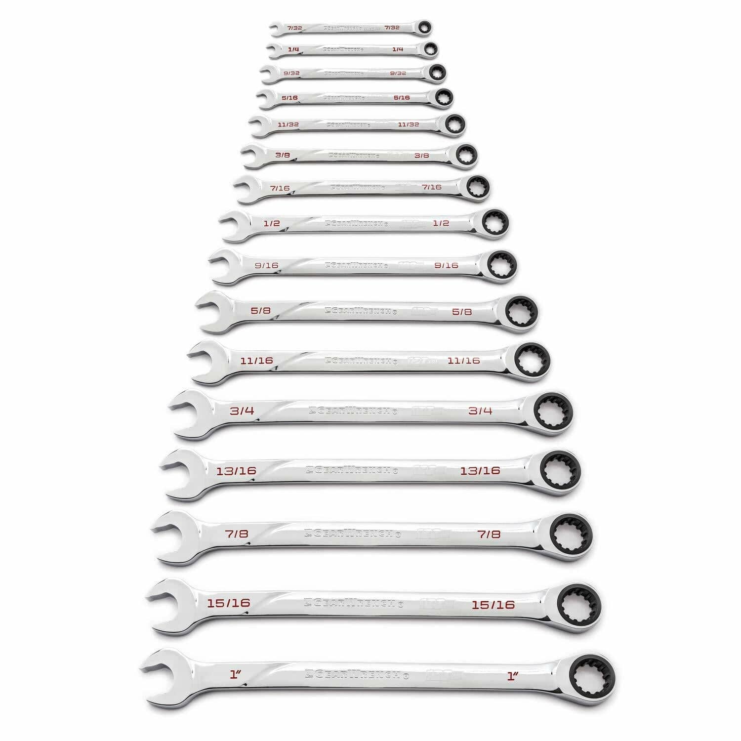 Set of 16 CRAFTSMAN combination wrenches arranged by size from 1" to 1/4". Each wrench features an open-end and ratcheting box-end, with red size markings and engraved branding. Ideal for mechanical tasks requiring precise wrench dimensions.