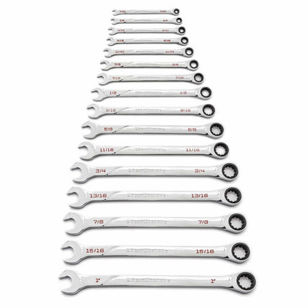 Set of 16 CRAFTSMAN combination wrenches arranged by size from 1" to 1/4". Each wrench features an open-end and ratcheting box-end, with red size markings and engraved branding. Ideal for mechanical tasks requiring precise wrench dimensions.