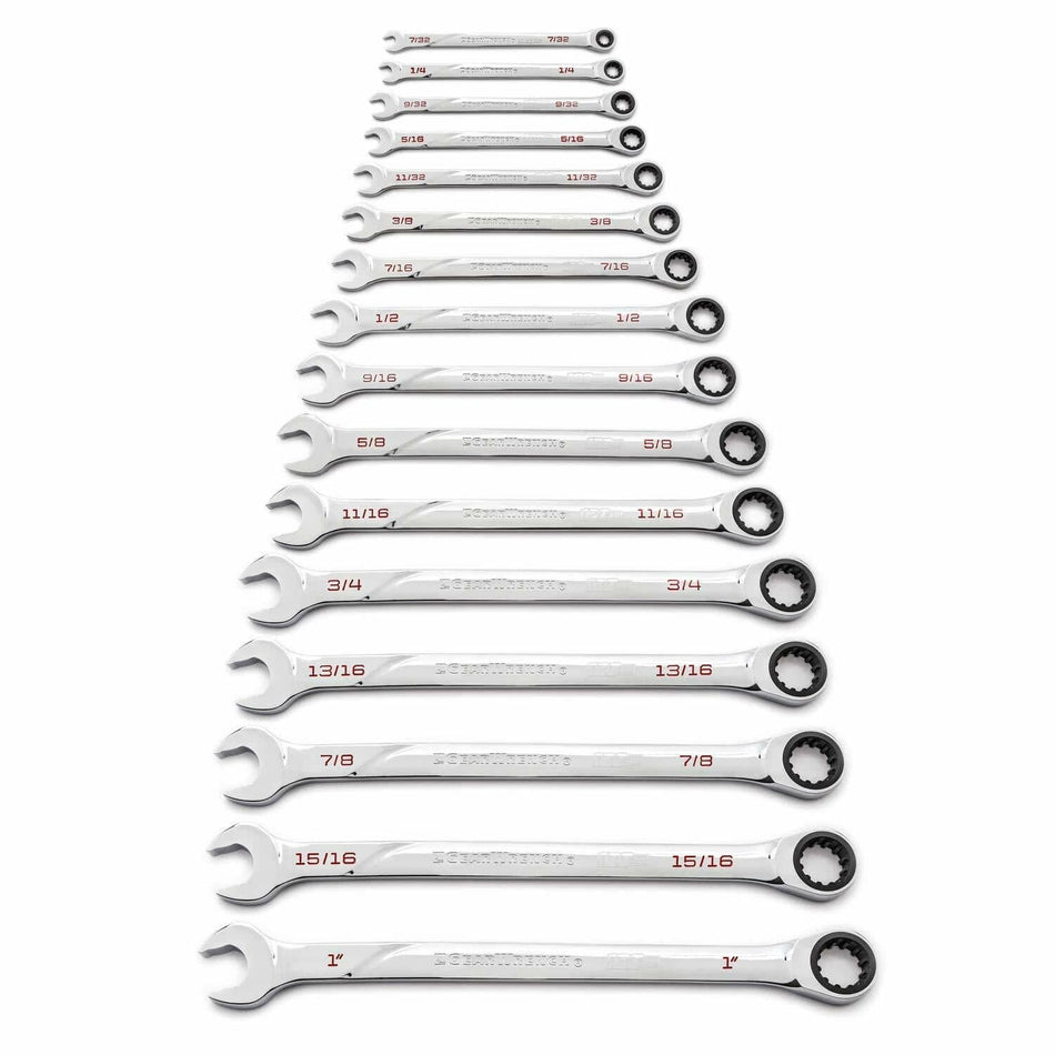 Set of 16 CRAFTSMAN combination wrenches arranged by size from 1" to 1/4". Each wrench features an open-end and ratcheting box-end, with red size markings and engraved branding. Ideal for mechanical tasks requiring precise wrench dimensions.