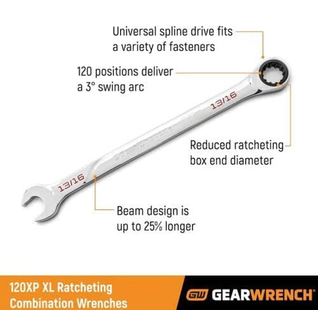 GEARWRENCH 120XP XL ratcheting combination wrench labeled “13/16.” Annotated features include universal spline drive, 120-position ratcheting mechanism, reduced box-end diameter, and extended beam length. Built for high-performance fastening in tight spaces.