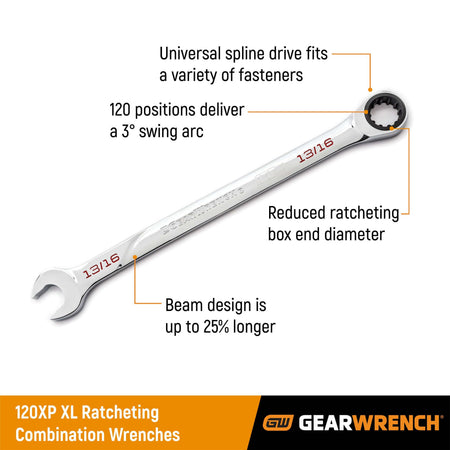 Infographic of the GEARWRENCH 120XP XL ratcheting combination wrench, highlighting key features: 120 positions with a 3° swing arc, universal spline drive box end, 25% longer beam design, and reduced box end diameter for access in tight spaces.