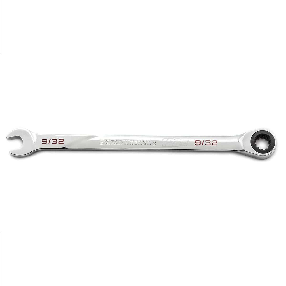 A close-up product photograph of a single 9/32 inch GEARWRENCH 120XP XL ratcheting combination wrench with a polished chrome finish, shown horizontally against a plain white background.