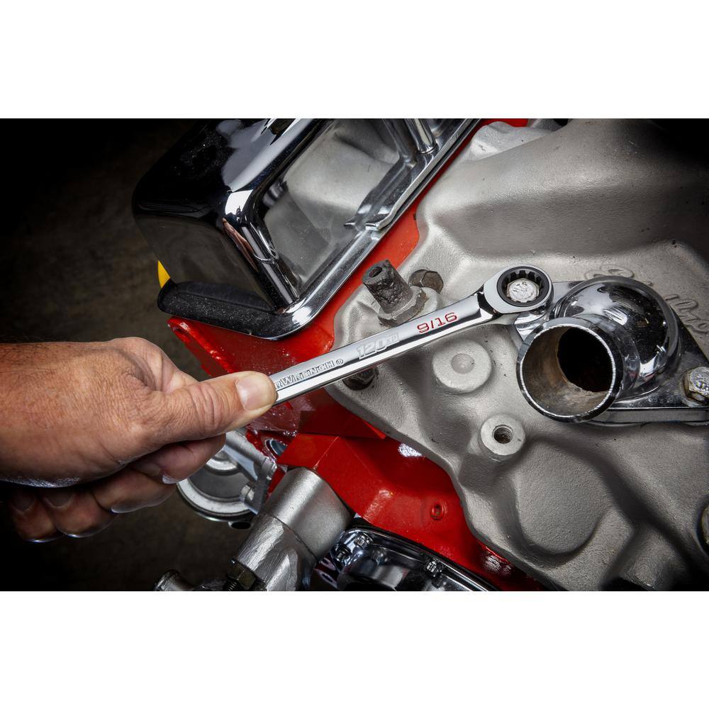 An automotive application shot of a technician using the 9/16 inch open end of a GEARWRENCH 120XP XL ratcheting combination wrench to tighten a bolt on a vehicle's engine block.