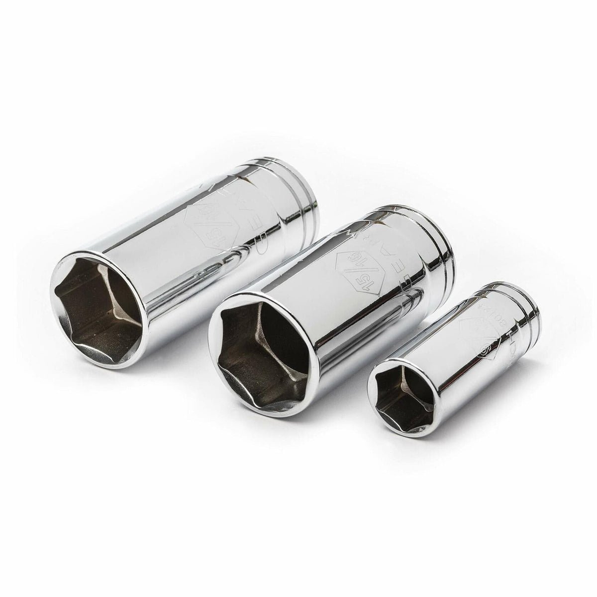 Three metallic socket tools on a white background