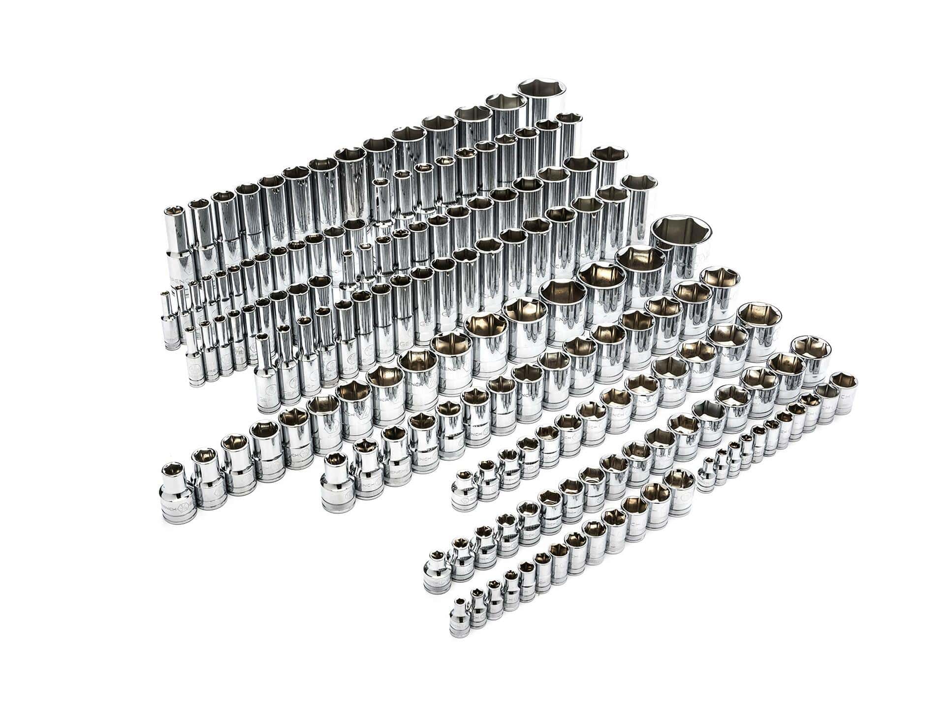The complete 163-piece GEARWRENCH master socket set, including all 1/4, 3/8, and 1/2-inch drive standard and deep sockets, laid out neatly in rows on a white background.