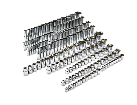 The complete 163-piece GEARWRENCH master socket set, including all 1/4, 3/8, and 1/2-inch drive standard and deep sockets, laid out neatly in rows on a white background.