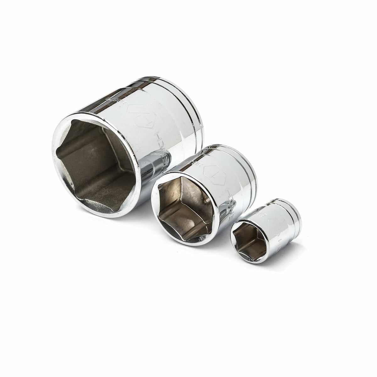 Three GEARWRENCH 6-point standard chrome sockets, one each from the 1/2-inch, 3/8-inch, and 1/4-inch drive sets, arranged in a row to show the size difference.