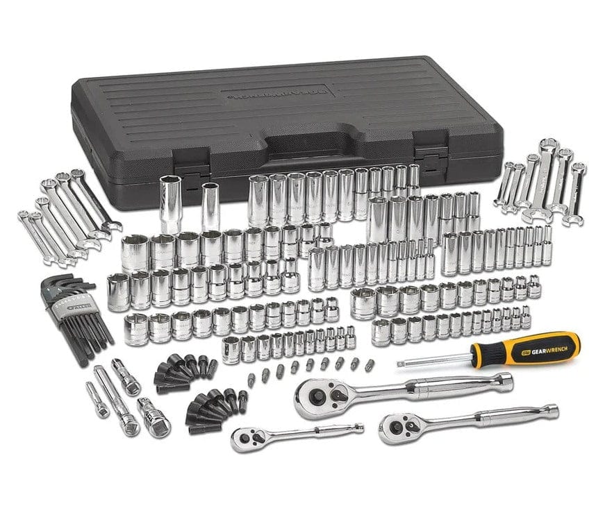 The complete contents of the 165-piece GEARWRENCH mechanics tool set laid out in front of the closed black blow mold storage case.
