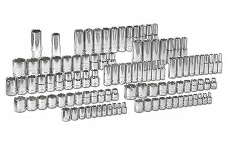 A display of the various chrome sockets included in the set, showing rows of 1/4 inch, 3/8 inch, and 1/2 inch drive sockets in both standard and deep lengths.