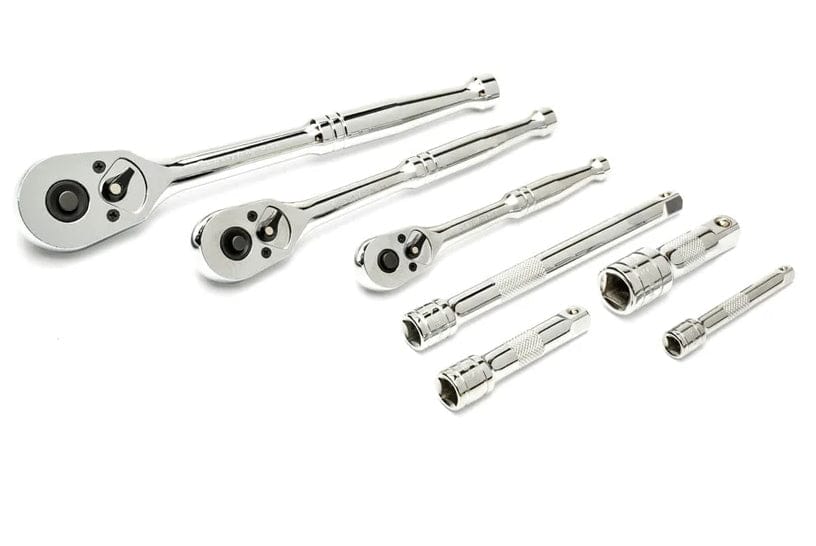 A detailed view of the three chrome quick-release ratchets (1/2, 3/8, and 1/4 inch drive) and four extension bars with knurled grips included in the set.