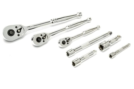 A detailed view of the three chrome quick-release ratchets (1/2, 3/8, and 1/4 inch drive) and four extension bars with knurled grips included in the set.