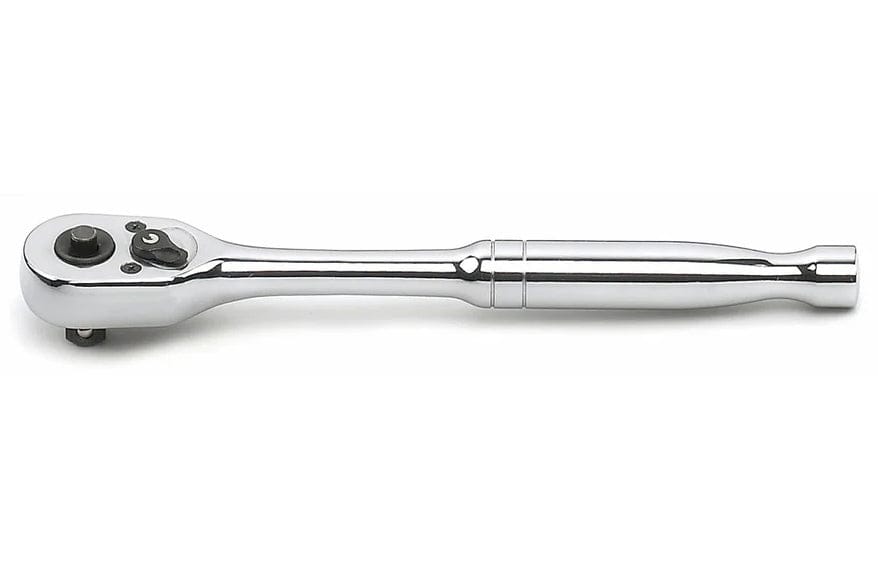 A close-up studio shot of a long chrome 45-tooth quick-release ratchet wrench, highlighting the polished finish and the teardrop head.