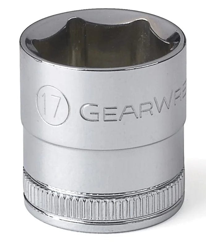 A close-up studio shot of a large chrome 17mm metric standard socket, highlighting the knurled base for grip and the GEARWRENCH logo etched into the side.