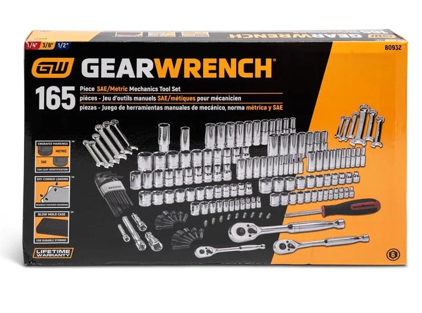 The retail packaging box for the GEARWRENCH 165-piece SAE/Metric Mechanics Tool Set, showing the sockets, wrenches, ratchets, and other tools laid out, along with product features and drive sizes.