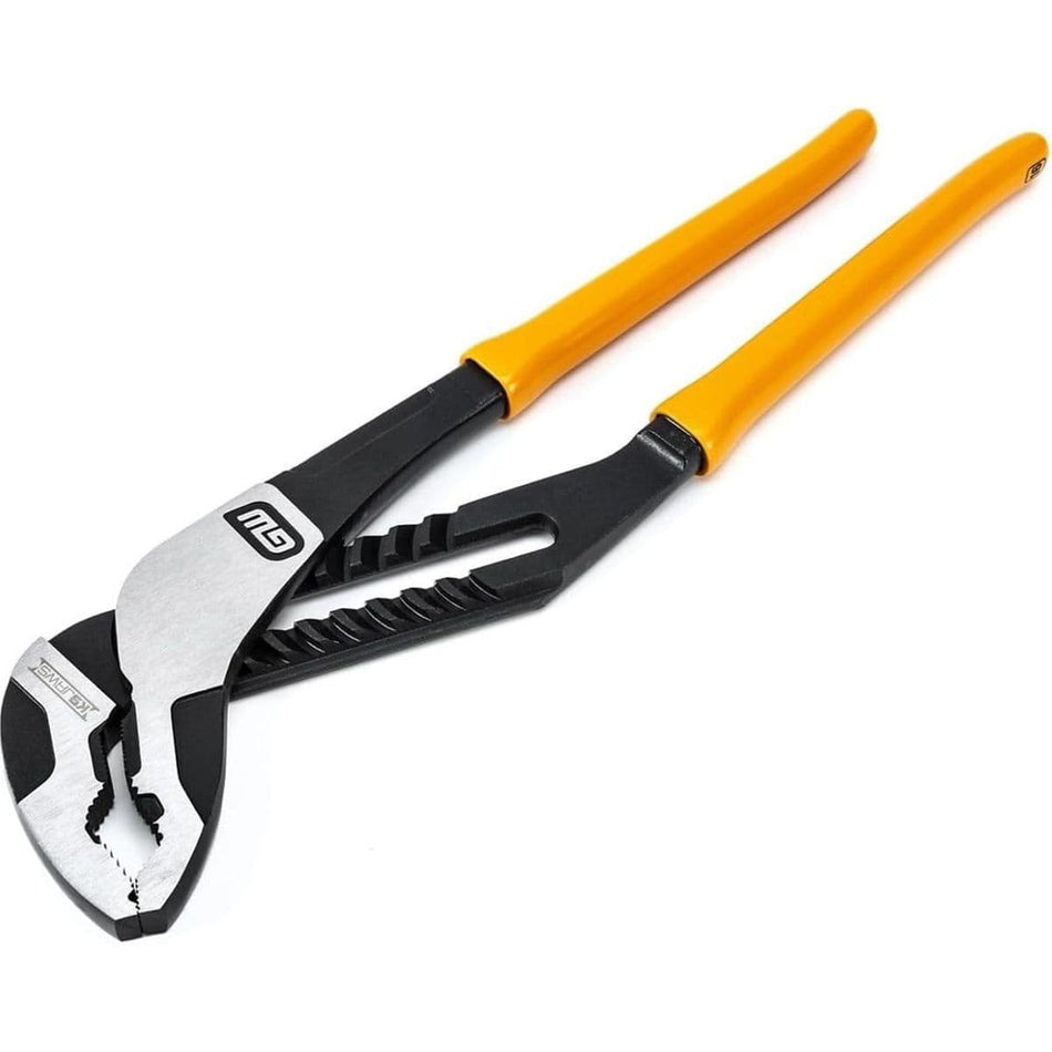 A full angled view of the GEARWRENCH 82167 16-inch Pitbull K9 V-jaw tongue and groove adjustable water pump pliers, featuring a black forged alloy steel body, polished jaw head, and bright molten orange dipped grip handles resting on a clean white background.