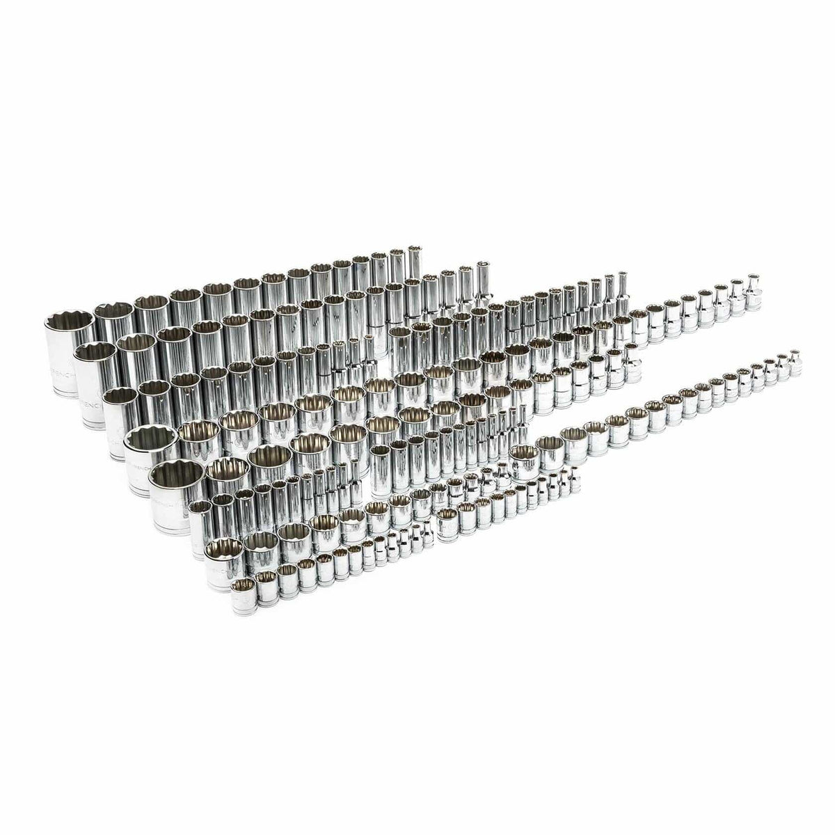 The complete 176-piece GEARWRENCH master socket set, with all standard and deep sockets arranged in rows on a white background