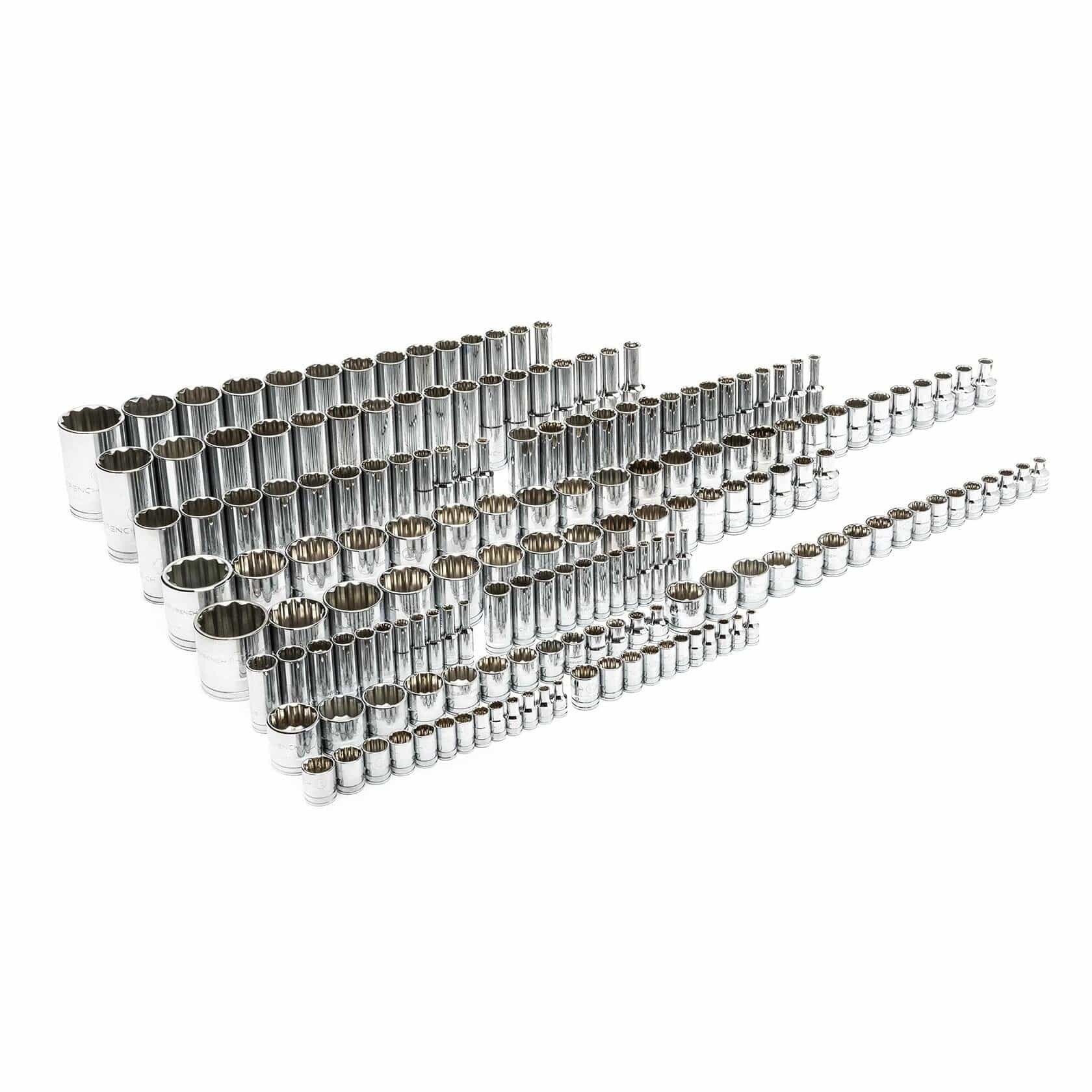 The complete 176-piece GEARWRENCH master socket set, with all standard and deep sockets arranged in rows on a white background
