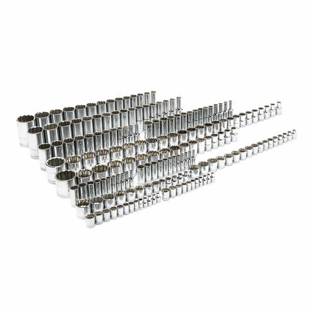 The complete 176-piece GEARWRENCH master socket set, with all standard and deep sockets arranged in rows on a white background