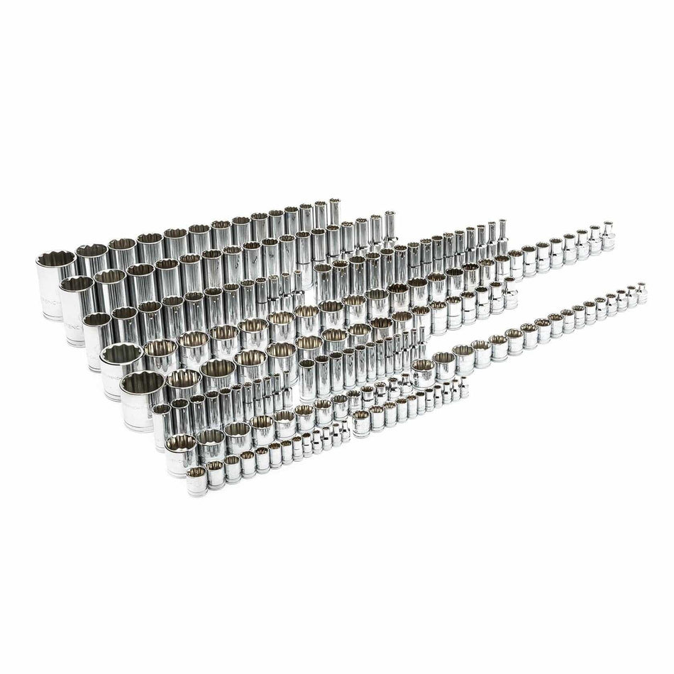 The complete 176-piece GEARWRENCH master socket set, with all standard and deep sockets arranged in rows on a white backgroun