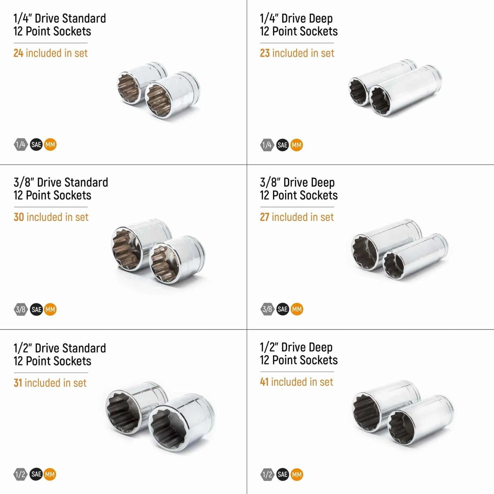 GEARWRENCH_176-Piece_Master_Socket_Set_1_4_3_8_1_2-Inch_Drive_SAE_Metric_12-Point_Standard_Deep_Sockets_Full_Polish_Chrome_89074_2.jpg

An infographic detailing the six types of sockets included in the GEARWRENCH 89074 set, organized by 1/4, 3/8, and 1/2-inch drive sizes for both standard and deep sockets.