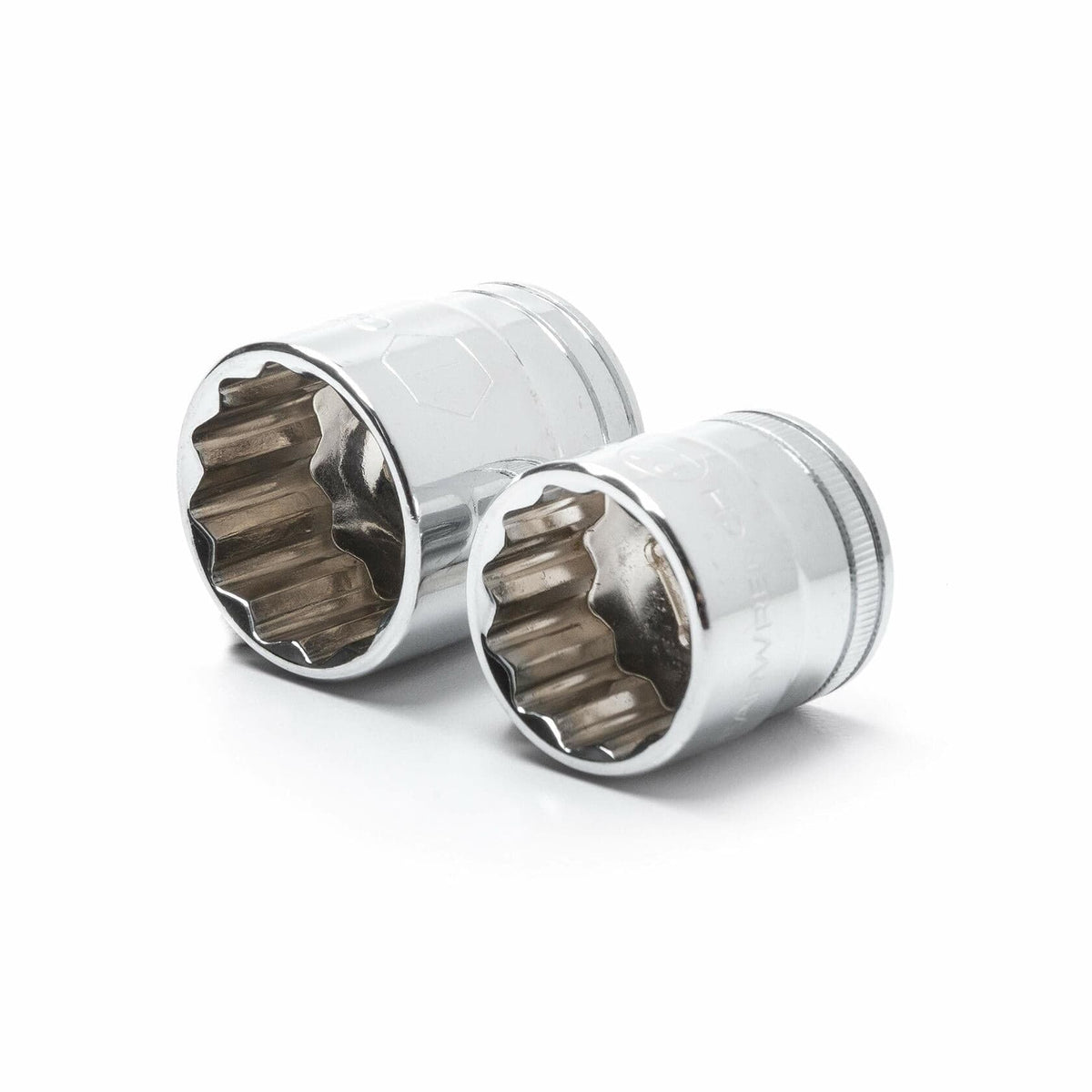 A standard 12-point socket and a deep 12-point socket from the GEARWRENCH set shown together for comparison.