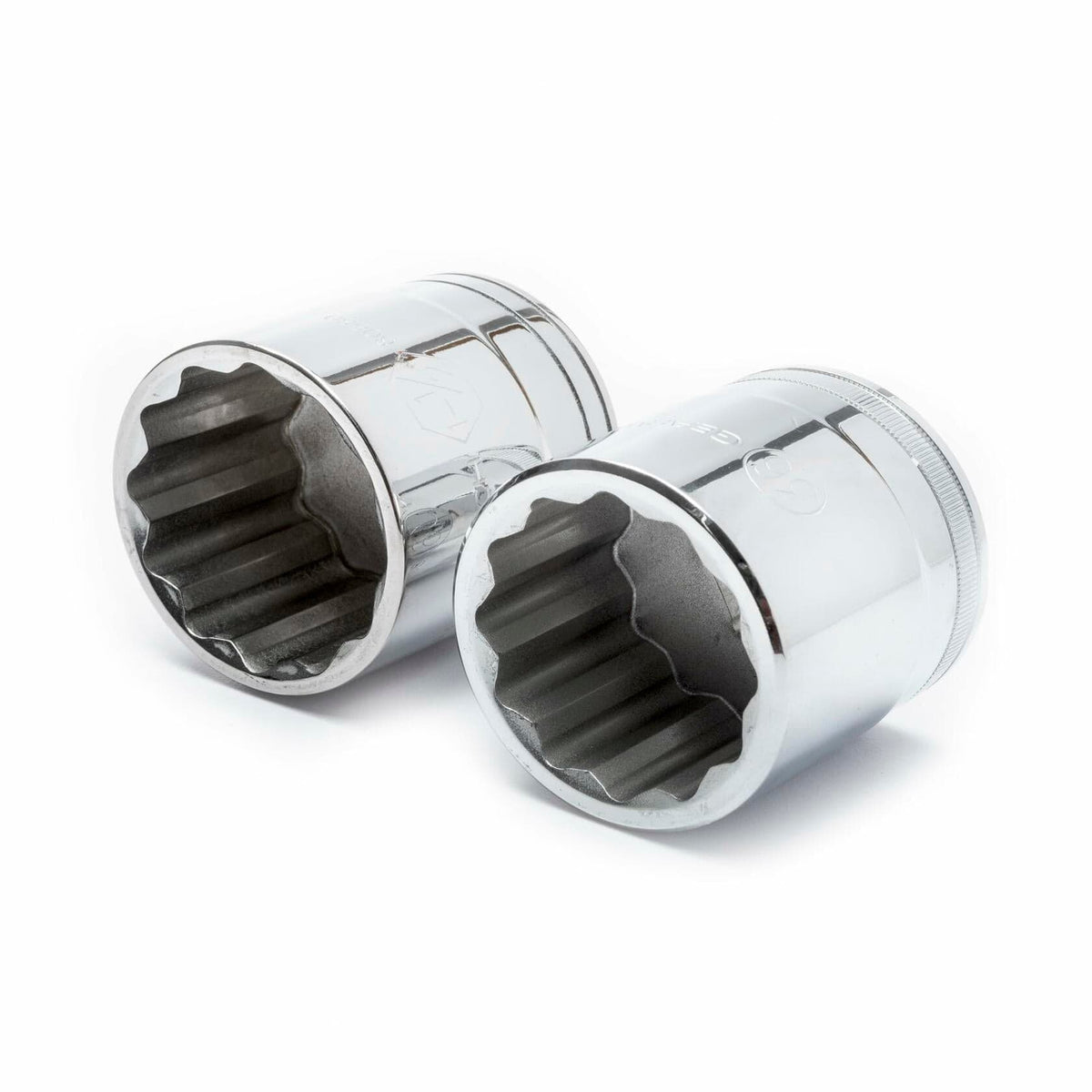 A pair of 12-point standard sockets from the GEARWRENCH set, showing their chrome finish and 12-point interior against a white background.