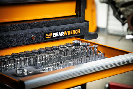 The GEARWRENCH 176-piece socket set organized by size in a socket tray inside an open tool chest drawer.
