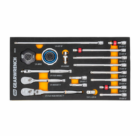 GEARWRENCH foam tray with labeled slots holding 1/4" drive tools. Includes ratchets, flex handle, universal joint, extensions, and adapter. Each tool is labeled for easy identification and organized for professional use