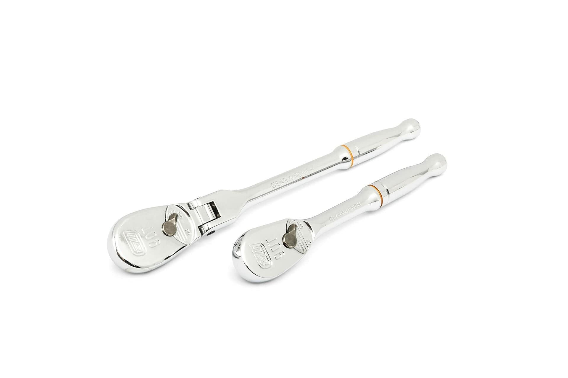 wo chrome ratchet wrenches side by side on a white background. Each has a directional switch and square drive for socket attachment. Different lengths support varied torque needs and access in tight spaces.