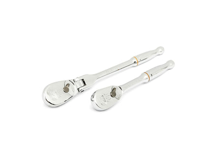 wo chrome ratchet wrenches side by side on a white background. Each has a directional switch and square drive for socket attachment. Different lengths support varied torque needs and access in tight spaces.