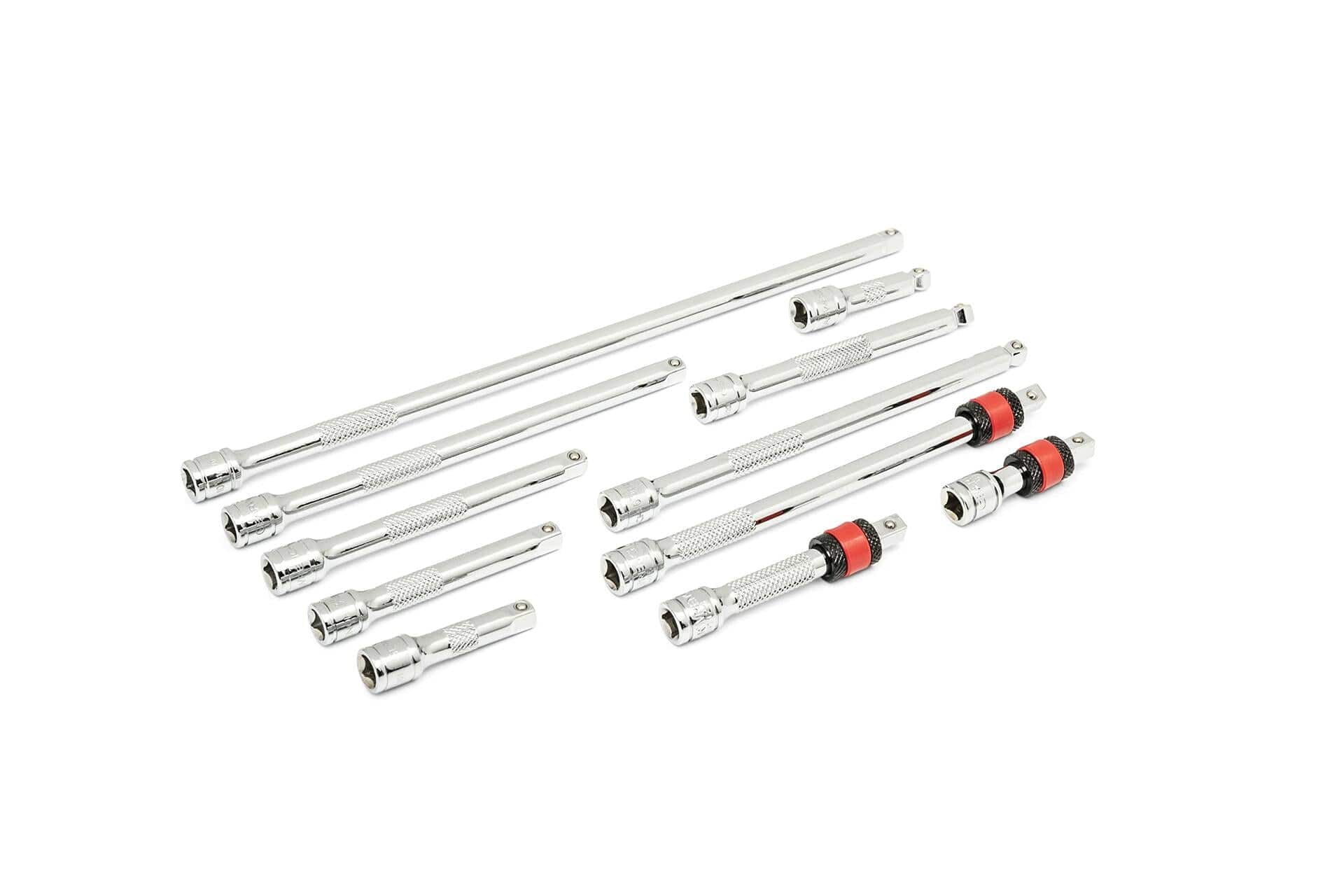 Twelve socket wrench extension bars displayed on a white background. Includes knurled grip extensions and locking extensions with red and black collars. Made of polished chrome for durability and corrosion resistance.