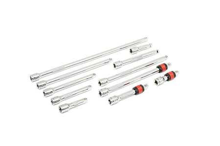 Twelve socket wrench extension bars displayed on a white background. Includes knurled grip extensions and locking extensions with red and black collars. Made of polished chrome for durability and corrosion resistance.