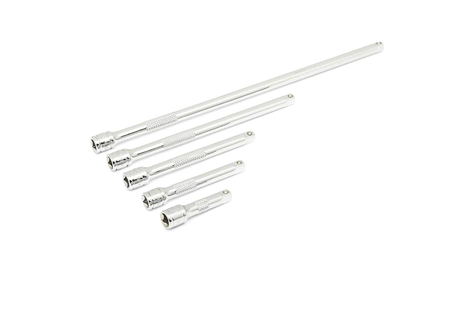  Five polished chrome extension bars arranged in a fan layout. Each bar has a square drive end and varies in length, used to extend socket reach in tight or recessed areas. Designed for mechanical or automotive applications.