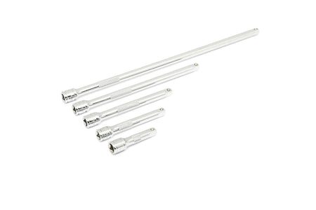  Five polished chrome extension bars arranged in a fan layout. Each bar has a square drive end and varies in length, used to extend socket reach in tight or recessed areas. Designed for mechanical or automotive applications.