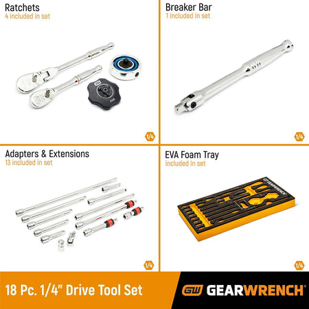 Promotional layout for GEARWRENCH 18-piece 1/4" drive tool set. Divided into quadrants showing ratchets (4), breaker bar (1), adapters/extensions (13), and EVA foam tray. Bottom banner displays set name and brand logo.