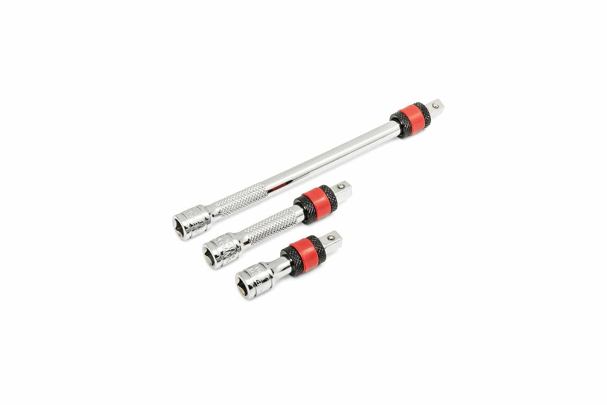 Four socket extension bars with knurled grips and red locking collars. Varying lengths allow secure and flexible access to fasteners in recessed areas. Made of chrome-plated steel for strength and corrosion resistance.