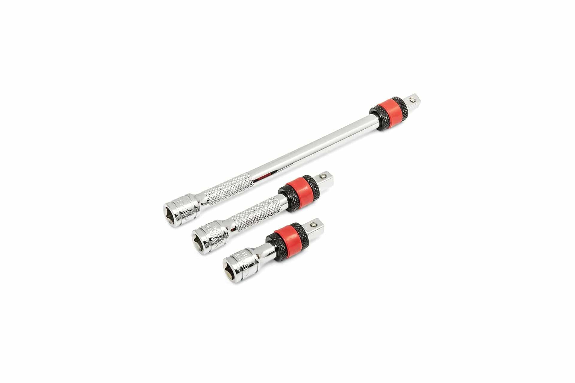 Four socket extension bars with knurled grips and red locking collars. Varying lengths allow secure and flexible access to fasteners in recessed areas. Made of chrome-plated steel for strength and corrosion resistance.