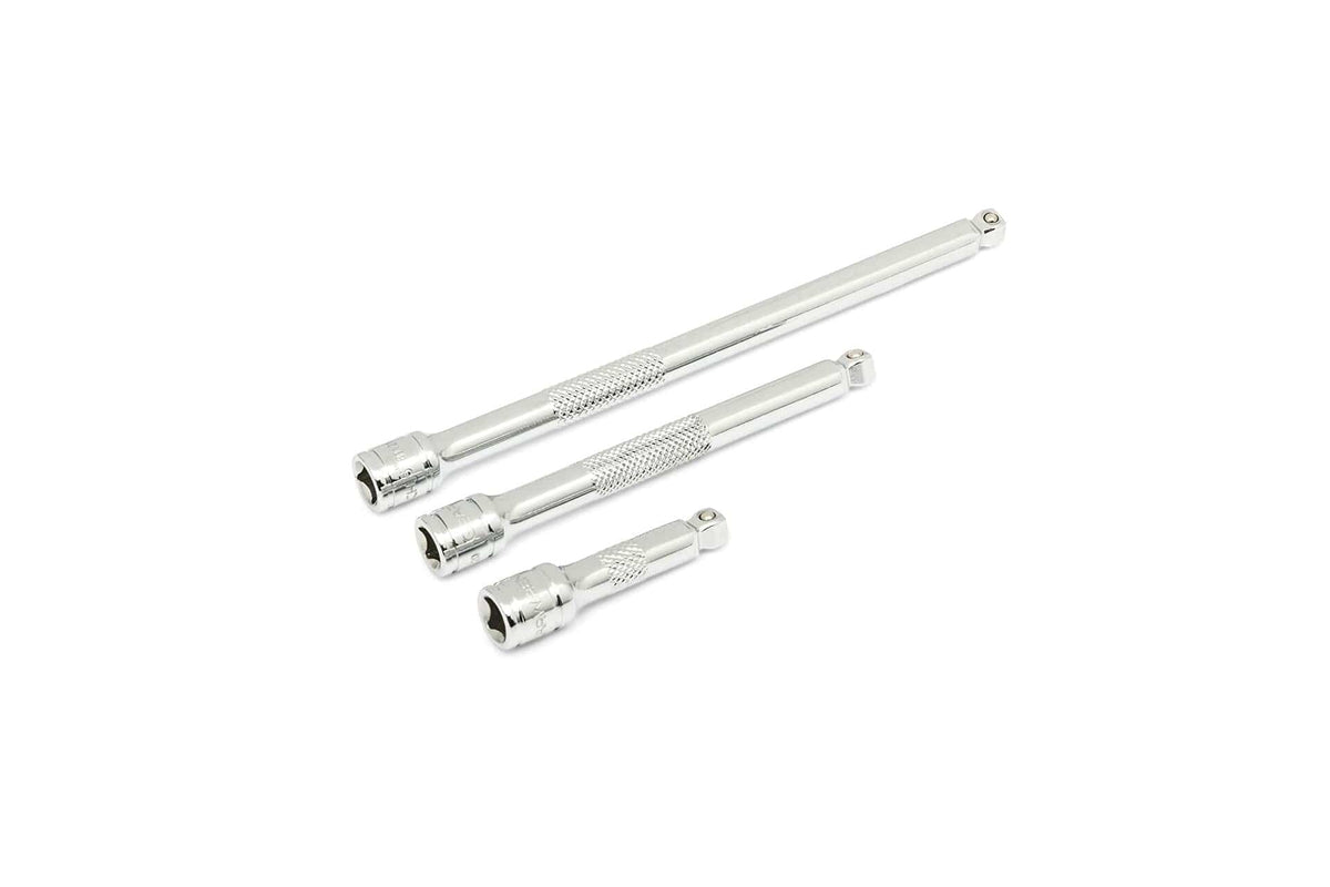  Three chrome socket wrench extension bars of different lengths with knurled grips. Each bar is designed to extend reach and improve control when accessing fasteners in confined spaces