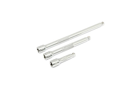  Three chrome socket wrench extension bars of different lengths with knurled grips. Each bar is designed to extend reach and improve control when accessing fasteners in confined spaces