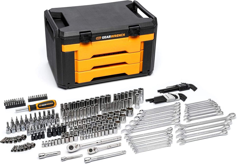 GEARWRENCH 185-Piece Professional Mechanics Tool Set 1/4 3/8 1/2-Inch Drive SAE Metric 6-Point Sockets with Storage Case