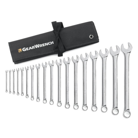 A complete studio shot of the GEARWRENCH 18-piece SAE long pattern combination wrench set arranged by size next to its professional black heavy-duty tool roll, showcasing the full-polish chrome finish for sizes 1/4 inch to 1-1/4 inch.
