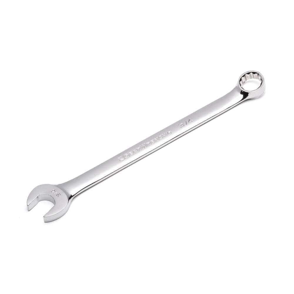 An angled perspective view of a single GEARWRENCH long pattern combination wrench, highlighting the sleek alloy steel construction, reflective chrome finish, and the open and 12-point box end design.