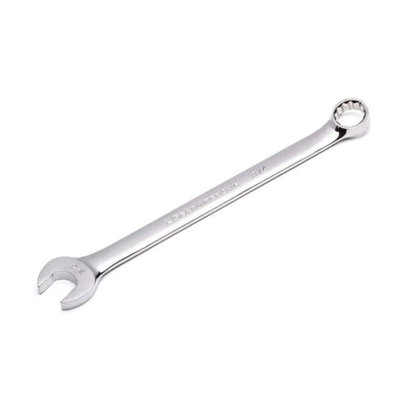 An angled perspective view of a single GEARWRENCH long pattern combination wrench, highlighting the sleek alloy steel construction, reflective chrome finish, and the open and 12-point box end design.