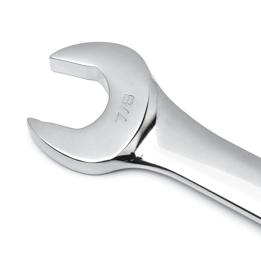 A detailed close-up shot of the open end of a 7/8 inch GEARWRENCH wrench, showcasing the precision-machined jaws and the permanent hard-stamped size marking on the chrome beam.