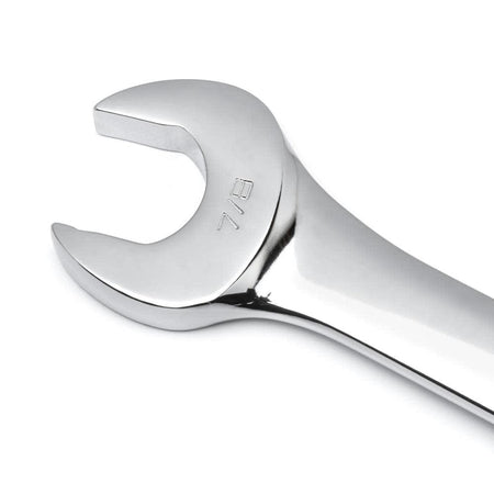 A detailed close-up shot of the open end of a 7/8 inch GEARWRENCH wrench, showcasing the precision-machined jaws and the permanent hard-stamped size marking on the chrome beam.